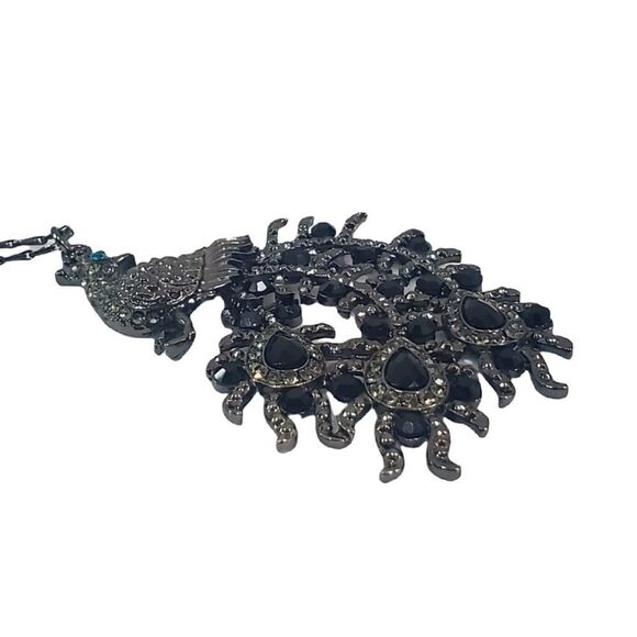 Rhinestone Peacock Pendant Necklace Hematite Tone - Picture 4 of 6